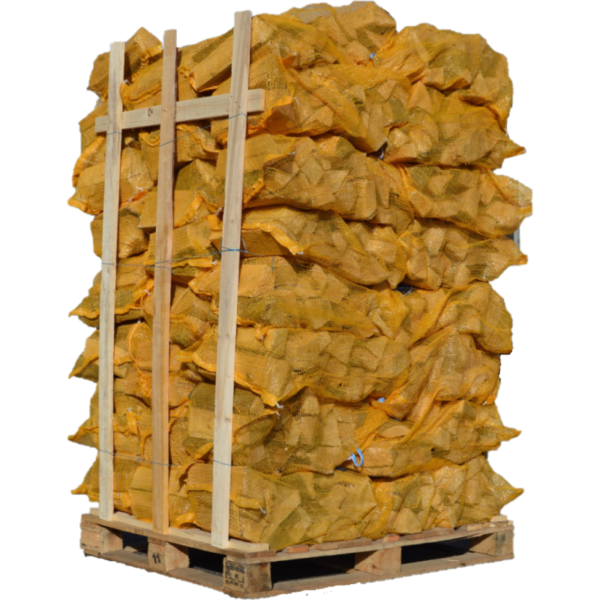 Bois de chauffage coupé à 33 cm et emballé dans des filets de 25 dm3.